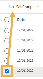 Selected procedure radio button with an yellow highlight box around it and an arrow pointing up towards Set Complete.